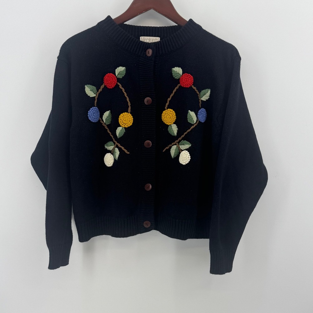 Nicolucchi Vintage Black Embroidered Berry Floral Cardigan Sweater‎ Womens M/L